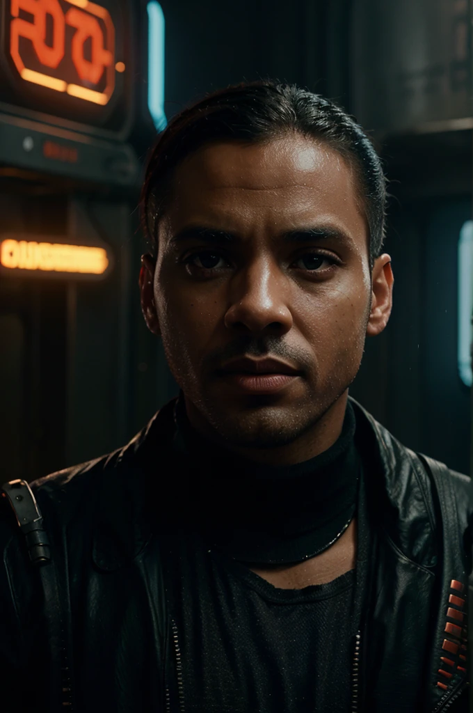 Explore a dystopian future through the eyes of a man of color in a world in the style of Blade Runner 2049. Capture the essence of the futuristic urban landscape and the unique beauty of human diversity in this distinct and visually stunning world, realismo, 4K, tipo poster