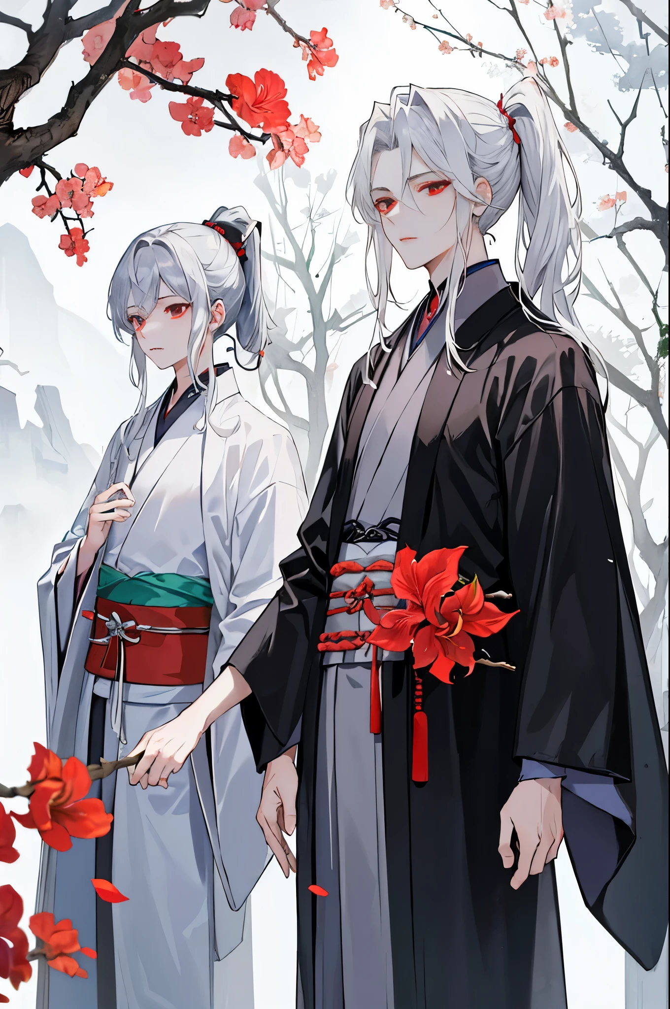 tmasterpiece，need，of a guy，Chinese style，Chinese Ancient Times，White hair，Super deep red eyes，split ends，Long gray hair，With long bangs，high ponytails，Handsome，Masculine，gentleness，Otaka，A piece of tranquility，dark gray robe，allure，tree branch，amaryllis， Young person，Stable expression，