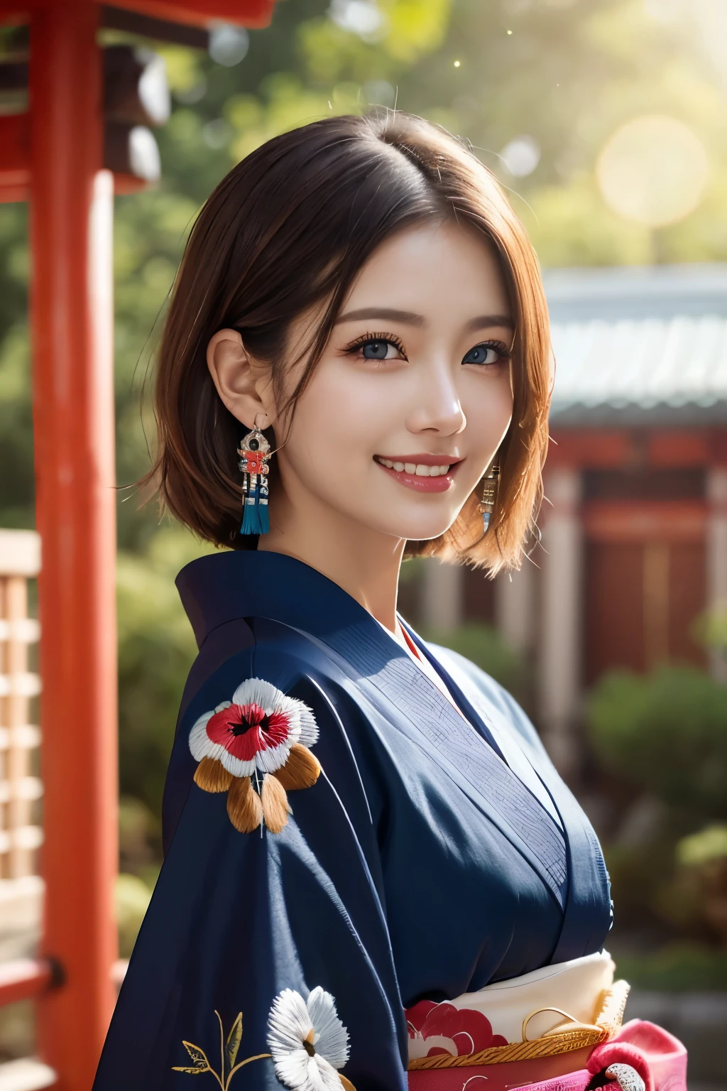 (Raw Shooting), (Photo Realistic), ((Masterpiece)), ((Best Quality)), (Ultra-Detailed), ((Kawaii)), Cute, ((Extremely Detailed)), (Detailed Eyes), (Detailed Facial Features), (Detailed Fingers), (Detailed Clothes Features), 4K, (8K), Best Quality, (Beautiful), (Cowboy Shot:1.3), (A Lively Japanese Shrine:1.4), ((Walking)), Sunrise, A Pretty Woman, Solo, (Brightly Colored Luxurious Kimono:1.3), (Luxurious Embroidered Kimono:1.3), Beautiful Light Brown hair, Beautiful Blue Eyes, ((beautiful eyes)), Short Hair, White Teeth, (Hair Ornaments:1.2), Earrings, Light Smile, Lens Flare, Shine with Colored Light, Shiny