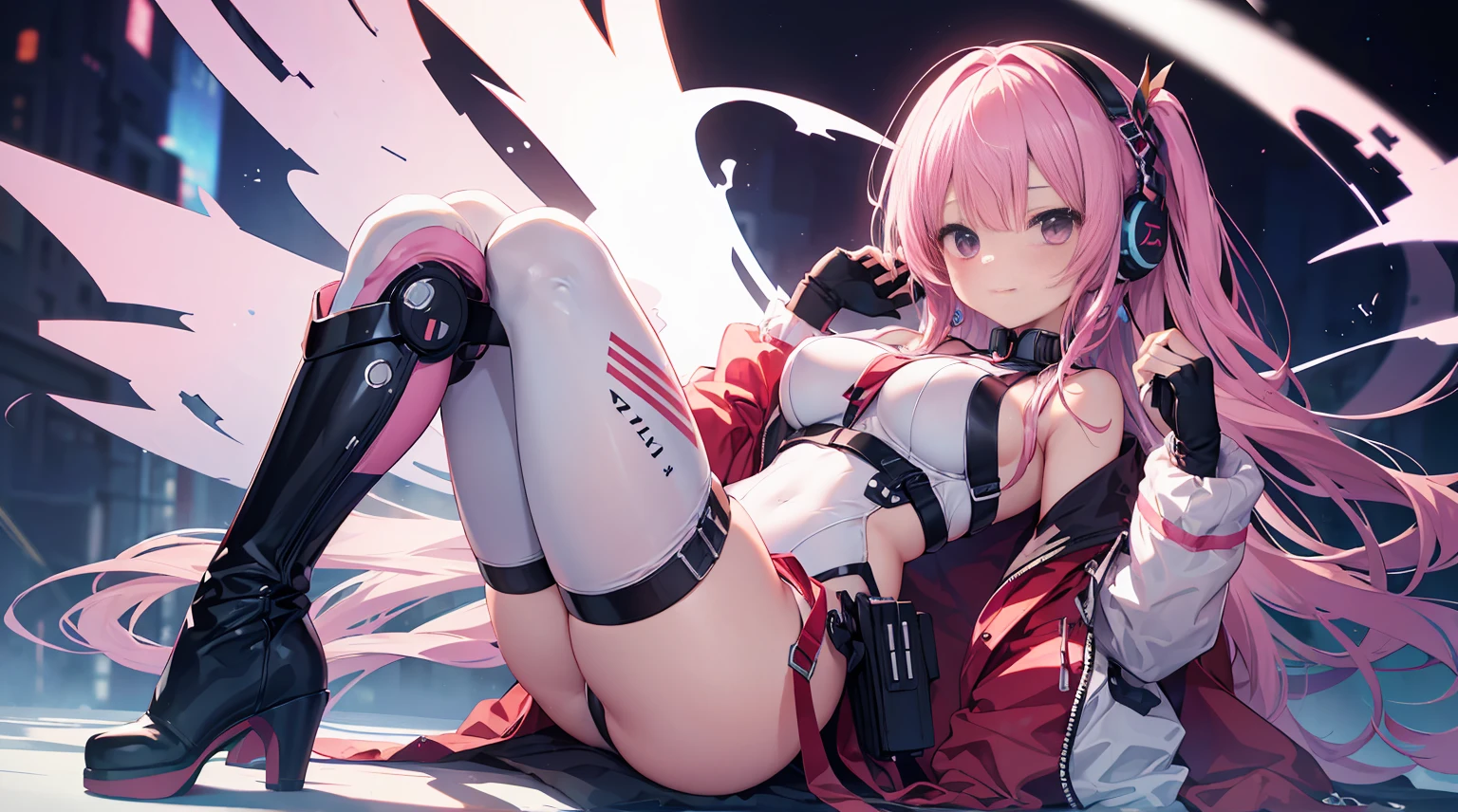 (tmasterpiece, Best quality at best, Highest high resolution, distinct_Image of a, detailed detail): (Alone, one-girl,soio,170cm height,A pink-haired,Purple eye,the night,gentleness,ssmile, Small size, , White and pink metallic bomber suit, Black underwear, tight fit clothes, clothes covering the whole body, big breasts beautiful, slim, exoskeleton, kneehigh boots, heroines, lay on back, Open the thighs from one side to the other, long arm gloves, Earphone),mitsukasa ayase