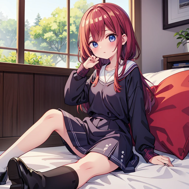 nudeonon bed,no panties,full body,Girl sitting,frontage,