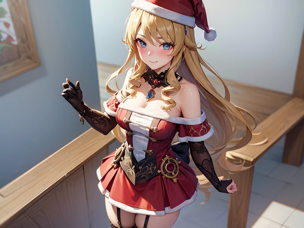 ((masutepiece, Best Quality, hight resolution, Perfect Pixel, 4K)), multiple girls, 2girls, full body seen, ((Beautiful eyelashes, Realistic eyes)), ((Detailed face, Blushing:1.2)), ((Smooth texture:0.75, Realistic texture:0.65, Photorealistic:1.1, Anime CG style)), Dynamic Angle, Perfect body, ((Santa Claus Costume, Red knitted hat, red and white off shoulder sweater, red and white flared skirt, Black garter stockings, Shy smile)) BREAK navia, BREAK giclorinde
