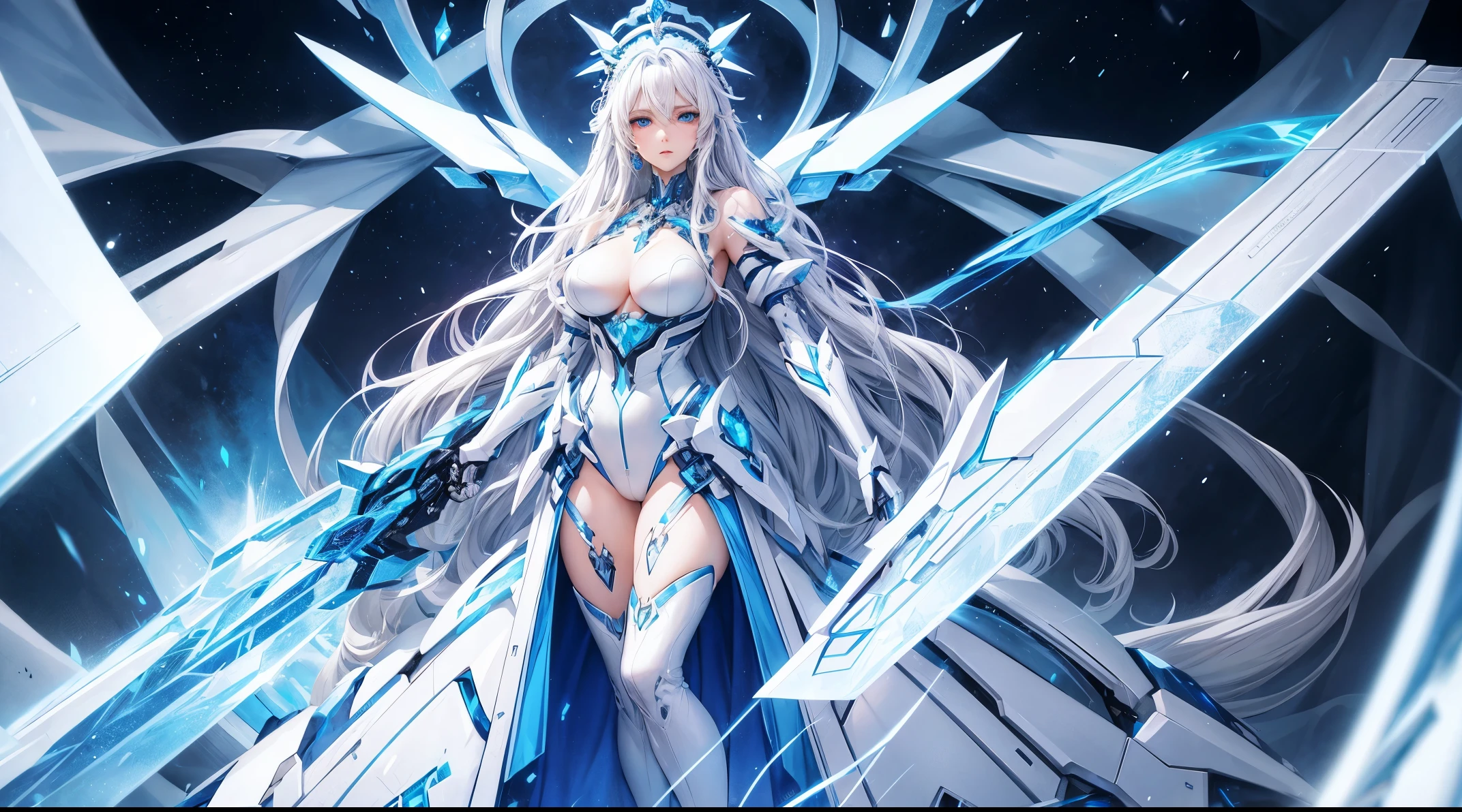 Ice queen, mecha, piercing blue eyes, long wavy white hair, tall, detailed and beautiful face, beautiful, extremely detailed, high quality, full body, centra view, full view, 4K, 8K, HDR, RAW