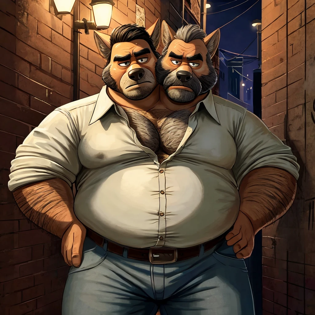 two heads one body, coyote, grumpy, frowning, tired, annoyed, obese, fat, older male, old, dark alley background, streetlight, graffiti, anatomically correct eyes, button down shirt, jeans, belt, sweaty, hairy, gross, hands on hips, disgusting art style, masculine art style, Dreamworks style, Pixar art style, Disney art style, rugged art style, dirty art style, gray hair, eyes looking down, cheek to cheek