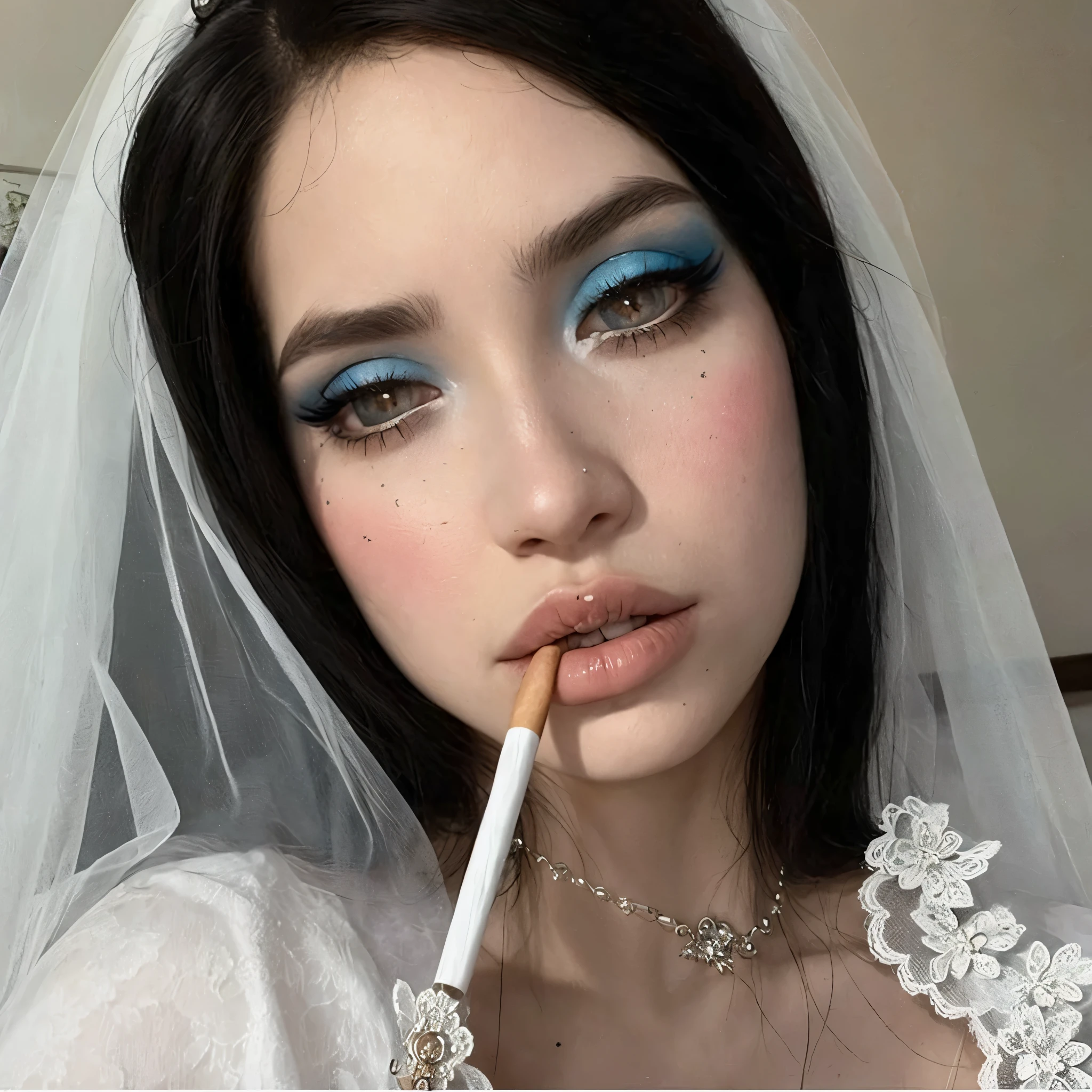 Mujer arafed con un cigarrillo en la boca y un velo., Corpse Bride Style, inspirado por Louis Le Nain, maquillaje pesado, inspirado en Carl Walter Liner, inspirado por Elsa Bleda, Parece una mezcla de mugres, maquillaje grueso y elegante, inspirado por Winona Nelson, Parece una mezcla de grimes, Estilo de maquillaje pop, con maquillaje profesional