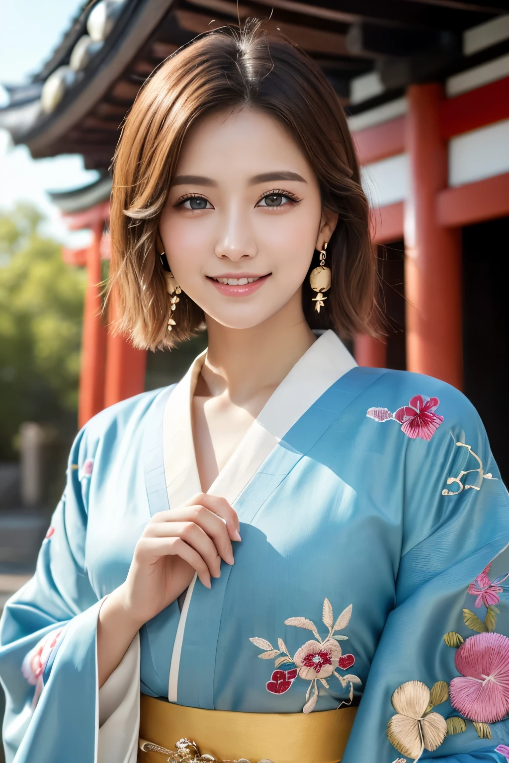 (Raw Shooting), (Photo Realistic), ((Masterpiece)), ((Best Quality)), (Ultra-Detailed), ((Kawaii)), Cute, ((Extremely Detailed)), (Detailed Eyes), (Detailed Facial Features), (Detailed Fingers), (Detailed Clothes Features), 4K, (8K), Best Quality, (Beautiful), (Cowboy Shot:1.3), (A Lively Japanese Shrine:1.4), ((Walking)), Sunrise, A Pretty Woman, Solo, (Brightly Colored Luxurious Kimono:1.3), (Luxurious Embroidered Kimono:1.3), Beautiful Light Brown hair, Beautiful Blue Eyes, ((beautiful eyes)), Short Hair, White Teeth, (Hair Ornaments:1.2), Earrings, Light Smile, Lens Flare, Shine with Colored Light, Shiny