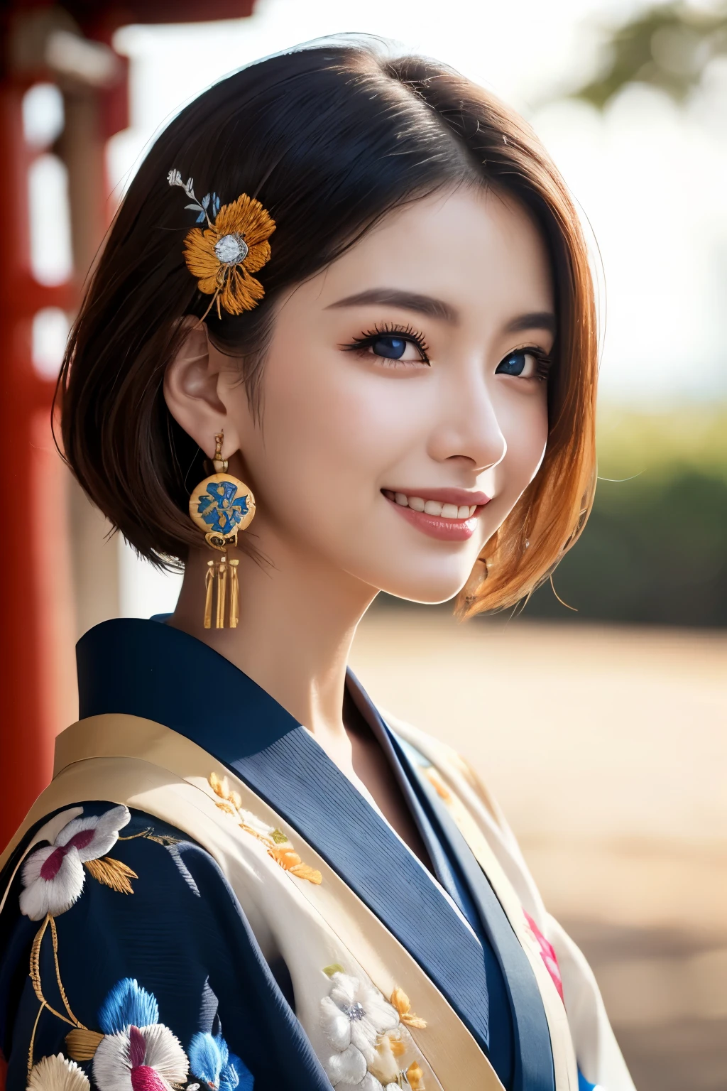 (Raw Shooting), (Photo Realistic), ((Masterpiece)), ((Best Quality)), (Ultra-Detailed), ((Kawaii)), Cute, ((Extremely Detailed)), (Detailed Eyes), (Detailed Facial Features), (Detailed Fingers), (Detailed Clothes Features), 4K, (8K), Best Quality, (Beautiful), (Cowboy Shot:1.3), (A Lively Japanese Shrine:1.4), ((Walking)), Sunrise, A Pretty Woman, Solo, (Brightly Colored Luxurious Kimono:1.3), (Luxurious Embroidered Kimono:1.3), Beautiful Light Brown hair, Beautiful Blue Eyes, ((beautiful eyes)), Short Hair, White Teeth, (Hair Ornaments:1.2), Earrings, Light Smile, Lens Flare, Shine with Colored Light, Shiny