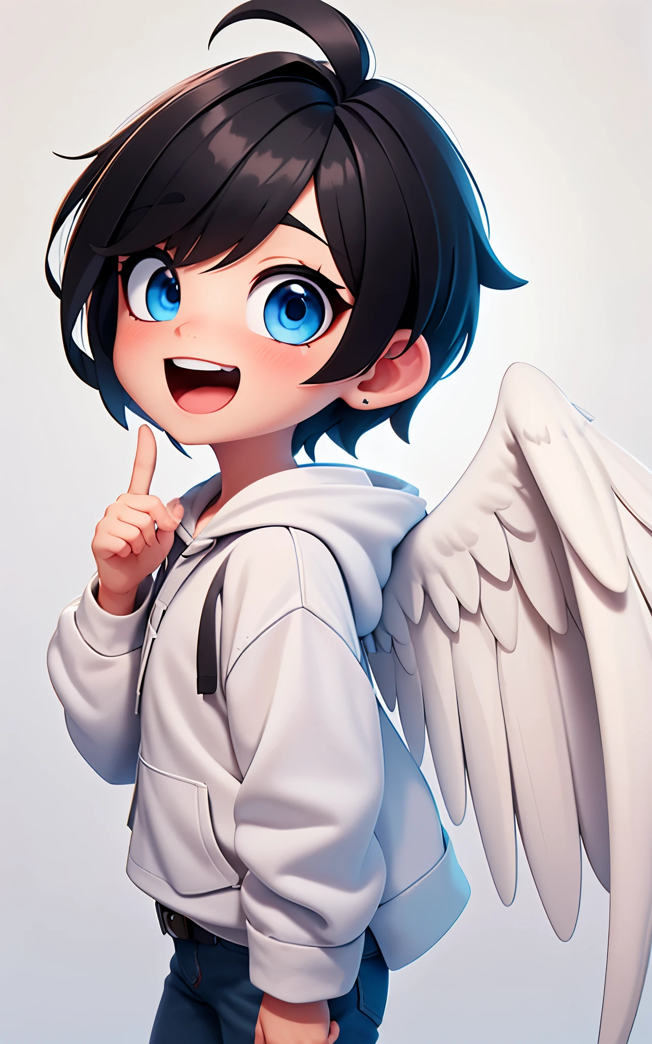 top-quality, 8K, ultra-detailliert, Pixar, (1 male:1.5), Angelic appearance, (Short-haired black hair:1.5), Eyes are blue, Yancha Face, (With keen eyes:1.5), (Bad eyes:1.5), Laughing with open mouth, Bad character, (White hoodie:1.5), (jeans:1.3), (Angel wings grow:1.3), 独奏, Bangs, (male people:1.3), Upper body, free pose, (white backgrounid:1.3)