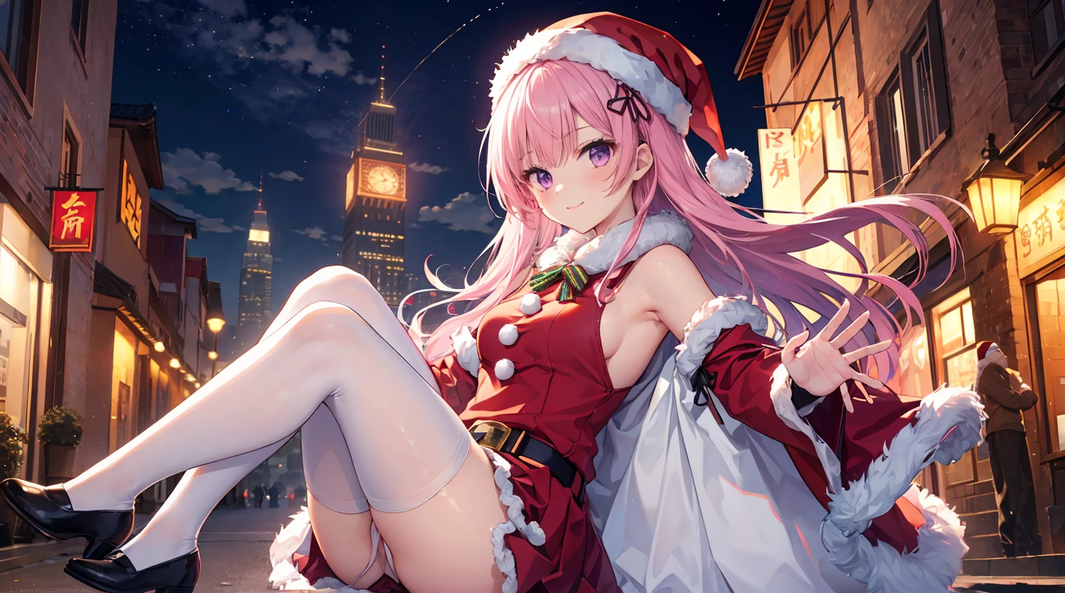 ​​clouds, Chinese Ancient Architecture, one-girl，soio，170cm height，45CM bust，A pink-haired，Purple eye，the night，gentleness，ssmile， ((Extremely detailed, Wearing miniskirt Santa Claus costume, Santa Claus costume with warm fur))，Outdoors，On the street，((White panty hose))，black glove，With bare arms，mitsukasa ayase