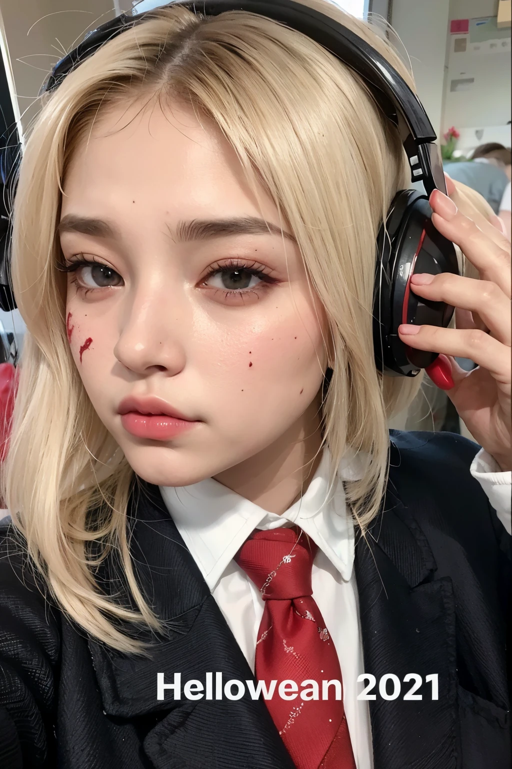 Mujer rubia con manchas rojas en la cara y auriculares., realista , brutal sangrienta maquillaje, pale woman covered with blood, brutal maquillaje sangriento y guarro, a hyperrealista schoolgirl, salpicaduras de sangre en los lados, profesional , sangre en la ropa y la cara, hyperrealista schoolgirl, cara ensangrentada, cubierto de limo rojo, Cara limpia y de sangre brutal