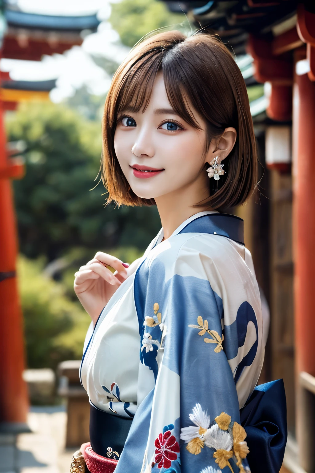 (Raw Shooting), (Photo Realistic), ((Masterpiece)), ((Best Quality)), (Ultra-Detailed), ((Kawaii)), Cute, ((Extremely Detailed)), (Detailed Eyes), (Detailed Facial Features), (Detailed Fingers), (Detailed Clothes Features), 4K, (8K), Best Quality, (Beautiful), (Cowboy Shot:1.3), (A Lively Japanese Shrine:1.4), ((Walking)), Sunrise, A Pretty Woman, Solo, (Brightly Colored Luxurious Kimono:1.3), (Luxurious Embroidered Kimono:1.3), Beautiful Light Brown hair, Beautiful Blue Eyes, ((beautiful eyes)), Short Hair, White Teeth, (Hair Ornaments:1.2), Earrings, Light Smile, Lens Flare, Shine with Colored Light, Shiny