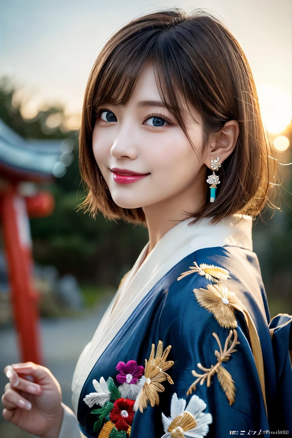 (Raw Shooting), (Photo Realistic), ((Masterpiece)), ((Best Quality)), (Ultra-Detailed), ((Kawaii)), Cute, ((Extremely Detailed)), (Detailed Eyes), (Detailed Facial Features), (Detailed Fingers), (Detailed Clothes Features), 4K, (8K), Best Quality, (Beautiful), (Cowboy Shot:1.3), (A Lively Japanese Shrine:1.4), ((Walking)), Sunrise, A Pretty Woman, Solo, (Brightly Colored Luxurious Kimono:1.3), (Luxurious Embroidered Kimono:1.3), Beautiful Light Brown hair, Beautiful Blue Eyes, ((beautiful eyes)), Short Hair, White Teeth, (Hair Ornaments:1.2), Earrings, Light Smile, Lens Flare, Shine with Colored Light, Shiny