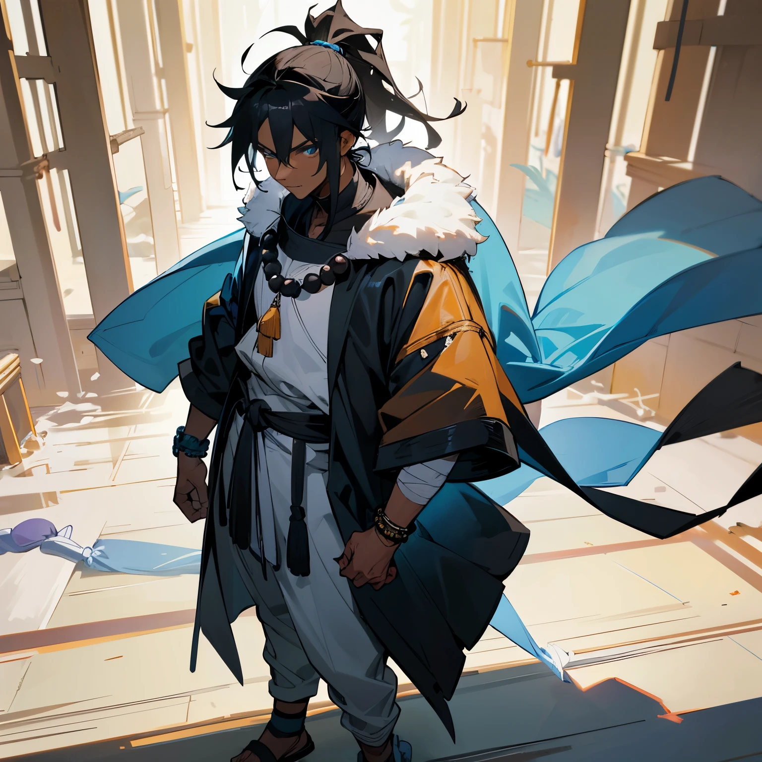 1male, adult, messy medium length black hair in ponytail, finely detailed bright blue eyes, walking down path, dark skin, bandages wrapped around arms, best light and shadows, posing with hands in pockets, modern clothes, fur jacket with oversized hood, poncho, prayer beads, prayer beads bracelet, muscular