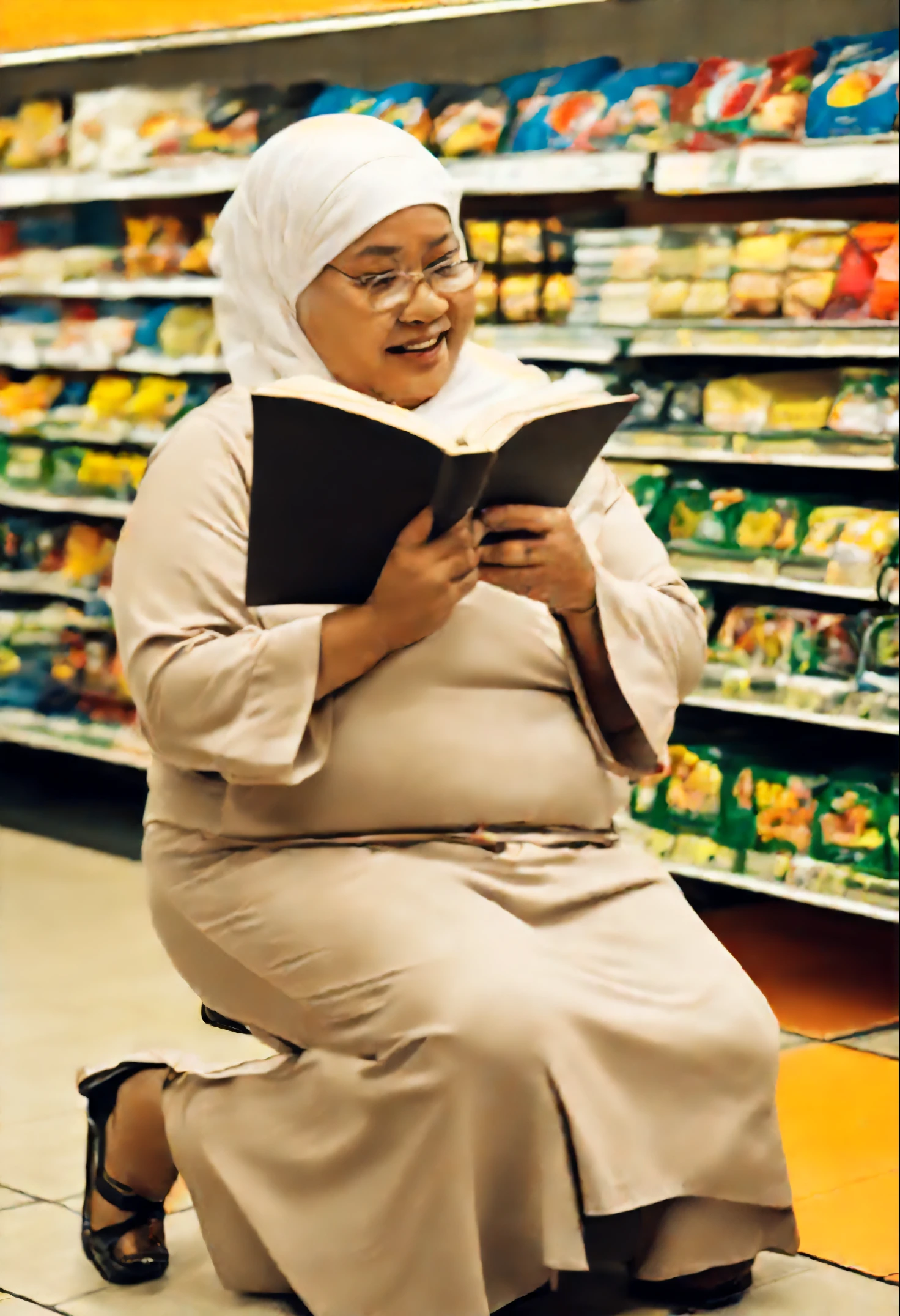 the obese malay old woman in age 50 y/o in polo shirt and underwear, microkini, garter belt, is sitting reading a book in a supermarket, wear shoes, only from the side, curvy ass, smile hijab, body poses