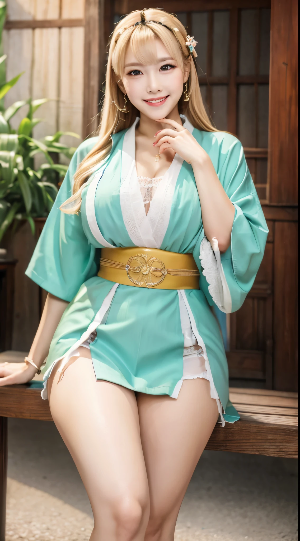 hightquality,8K,high-level image quality,A Japanese Lady,1 personality,A smile,tall,thick plump thighs,Realistic texture,Face in Focus,Muchimuchi,a blond,(kimono1.5)