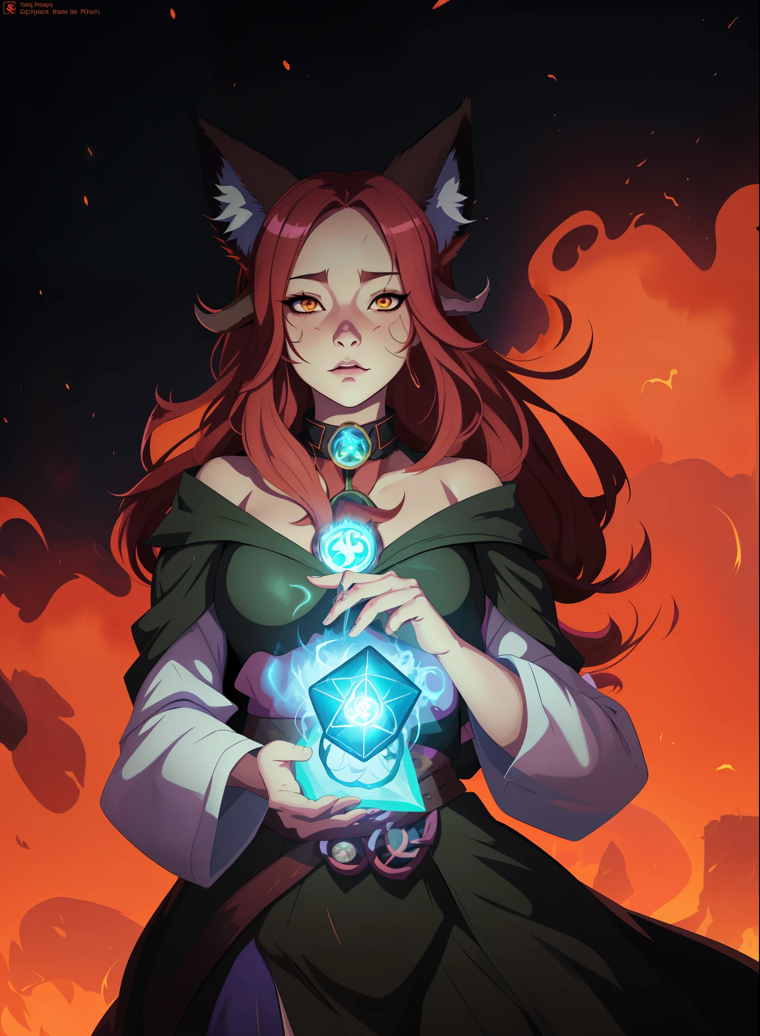 anime girl with a glowing (cube) in her hands, painted in the style arcane, human :: sorceress, demon slayer rui fanart, female mage conjuring a spell, l critical role, ((fox ears, animal ears)) , the sorceress, portrait of a female mage, holy fire spell art, dnd fantsay art, commission for high res, marin kitagawa fanart