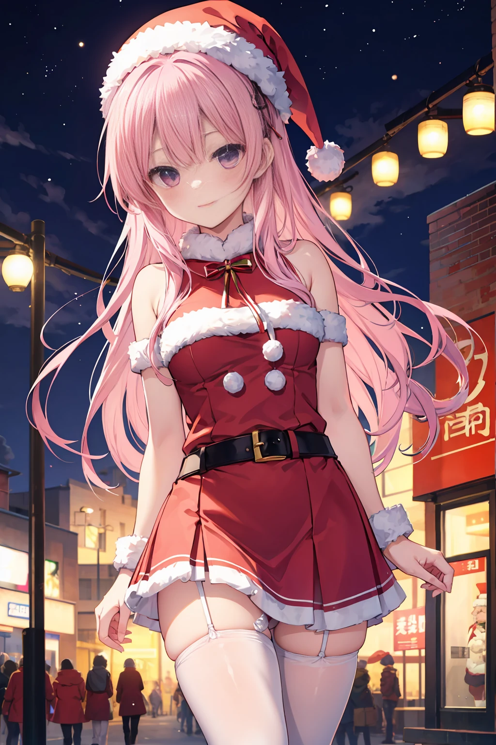 ​​clouds, Chinese Ancient Architecture, one-girl，soio，170cm height，45CM bust，A pink-haired，Purple eye，the night，gentleness，ssmile， ((Extremely detailed, Wearing miniskirt Santa Claus costume, Santa Claus costume with warm fur))，Outdoors，On the street，((White panty hose))，black glove，With bare arms，mitsukasa ayase