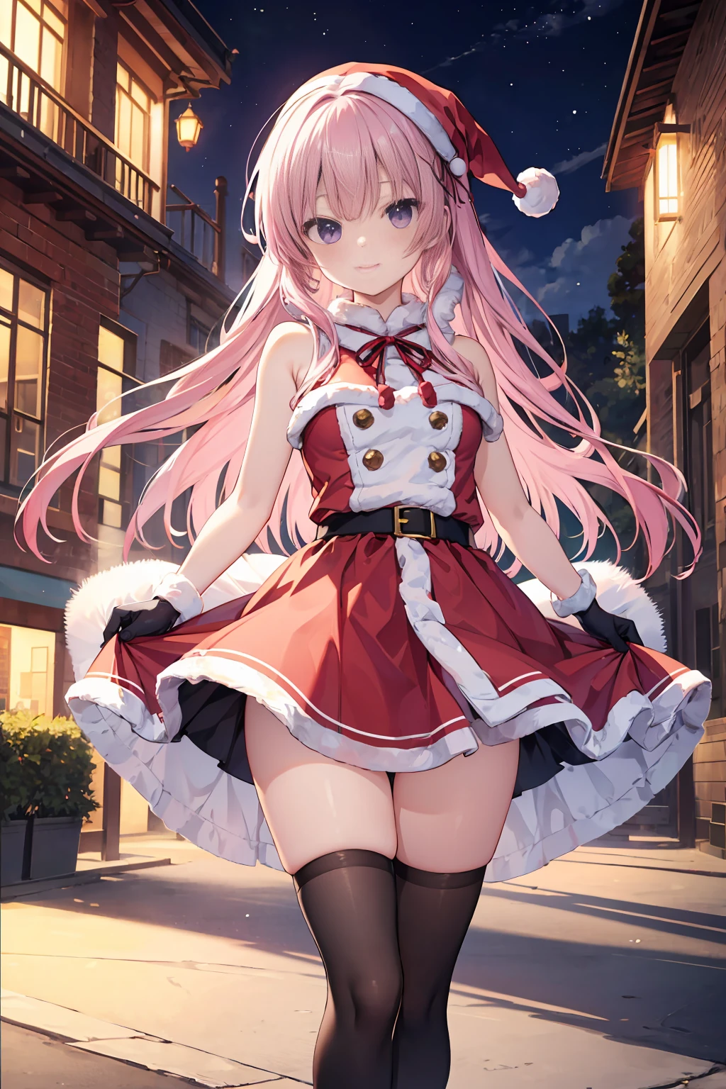 ​​clouds, Chinese Ancient Architecture, one-girl，soio，170cm height，45CM bust，A pink-haired，Purple eye，the night，gentleness，ssmile， ((Extremely detailed, Wearing miniskirt Santa Claus costume, Santa Claus costume with warm fur))，Outdoors，On the street，((White tightlack glove，With bare arms，mitsukasa ayase