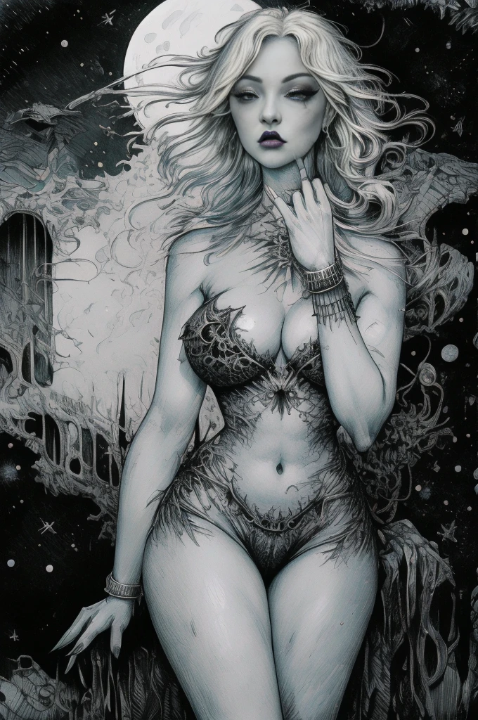 masterpiece, best quality, extreme detail, 8k, image sharpness, Ultra detail hair, ((doro pesch)), ultra detail face, perfect eyes, perfect face,1girl , pointy ears, white hair, long hair, lipstick, makeup, black eyeshadow, jewellery, bracelet, big breasts, wide hips, thick thighs, sci-fi, cosmic scenery, alien planet, esoteric, occult, black magic, satori, sexy pose, colorful image