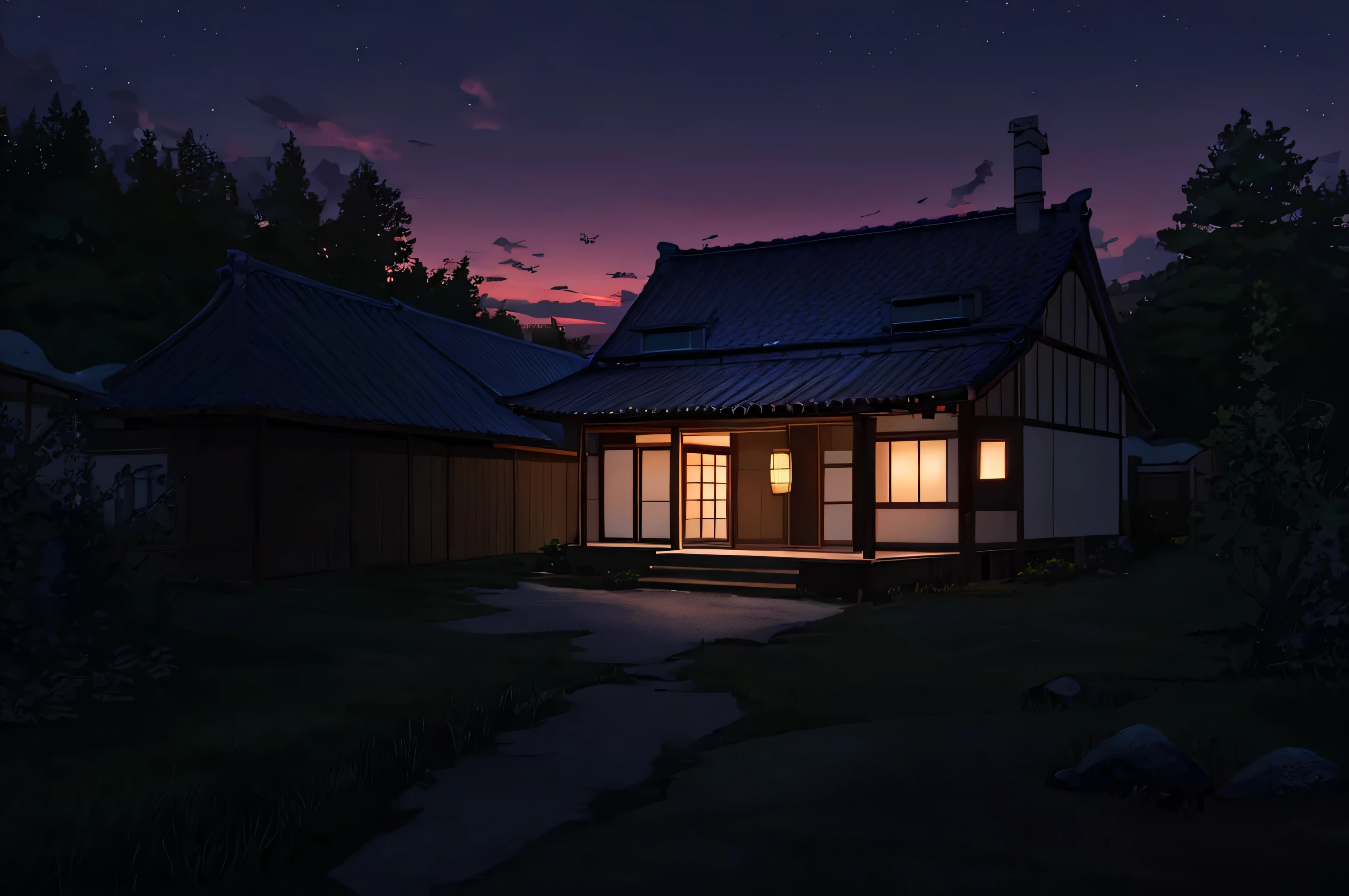 anime scene of a house with a dark sky and a person standing in the doorway, anime scene, anime yuru camp, kyoto animation still, makoto sinkai, ( ( makoto shinkai ) ), beautiful anime scene, style of makoto shinkai, night setting, opening scene, yuru camp, style of madhouse studio anime, monokubo