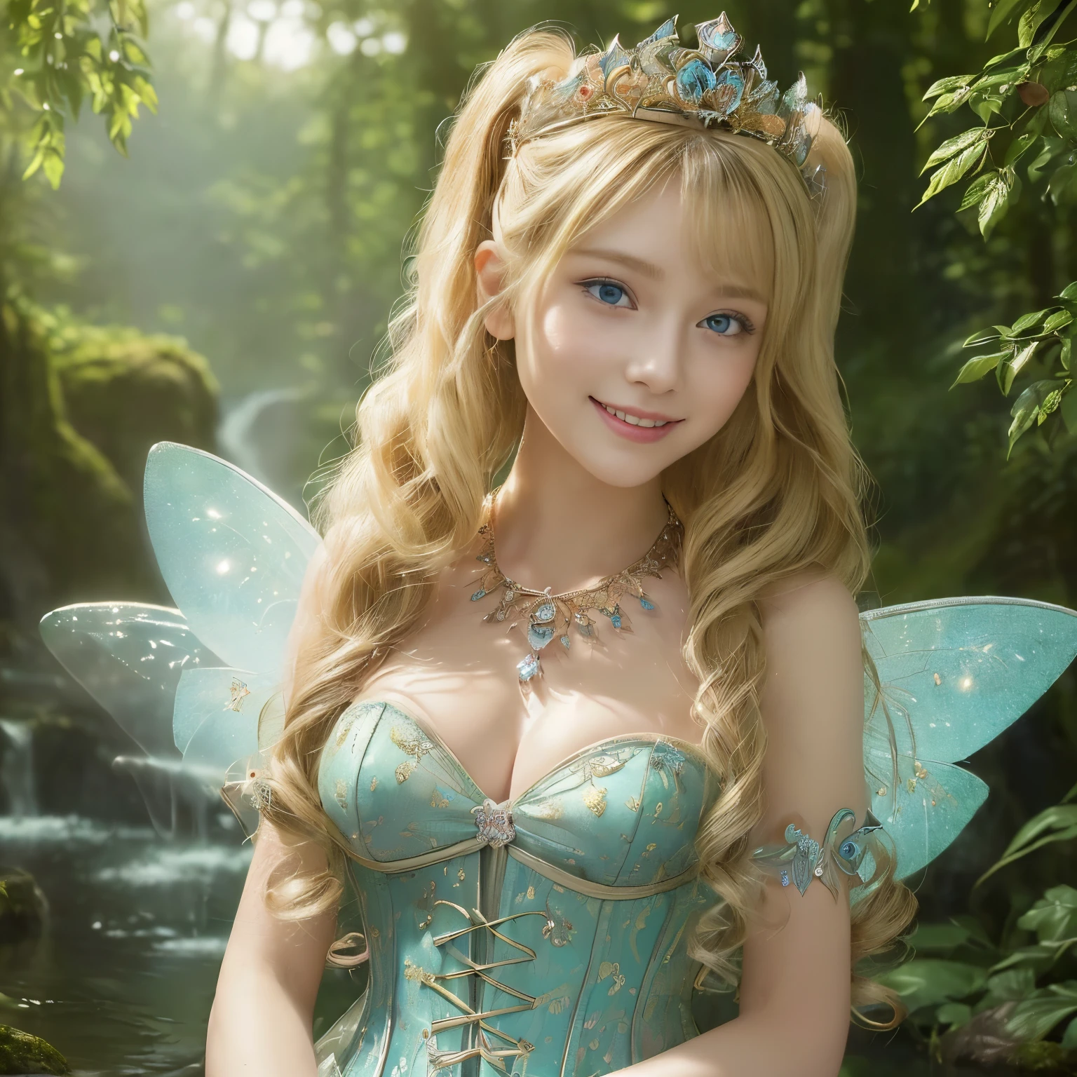 ((masutepiece、top-quality、8K、Highly Detailed and Complex Detail、The most complex and detailed textures、Super High Detail、bright and gentle lighting、the mildest texture、Smoothest texture))、(beautiful waterfall in the background:1.3)、(Small fairy wings that shine very delicately and delicately.:1.2)、(Upper body photo of a standing princess:1.2)、(sacred fairy tale forest:1.2)、(Wave Twin Tails:1.3)、(A very young 10 year old fairy princess:1.2)、(Fairy wings with very intricate patterns:1.2)、(The most luxurious and divinely shining Light of a fairy tale green princess dress:1.2)、((Big breasts about to burst、The most beautiful fairy tale forest prince Fairy tale princess、a high chroma、Fantastic sparkling little fairy wings、Gives off a fairy-tale glow、The finest dress with elaborate decoration.、Shining transparent fairy tale wingantastic, Light of a fairy tale、The background is set in a complex and sacred forest、Mysterious tree、優しいLight of a fairy tale、The brilliance of a fairy tale、Fairytale atmosphere、Fantastical、The most intricate and sacred dresses、the most beautiful fairy princess in the world、Faithfully reproducing the sacred atmosphere, Perfect down to the last detail、The most complex and detailed forests、The most sacred and luxurious princess dress、 calm and full of light、Extravagant tiaras and necklaces、A forest full of sacred light、Fantastical、Overgrown trees々、A forest surrounded by sacred light、very calm and bright、Half Japan and half Russian、Blue eyes、a blond、the best smile when you look at me、Beautiful wavy hair、The most luxurious and intricate dresses、look at me and smile the best、Slimed、very thin divine corset))
