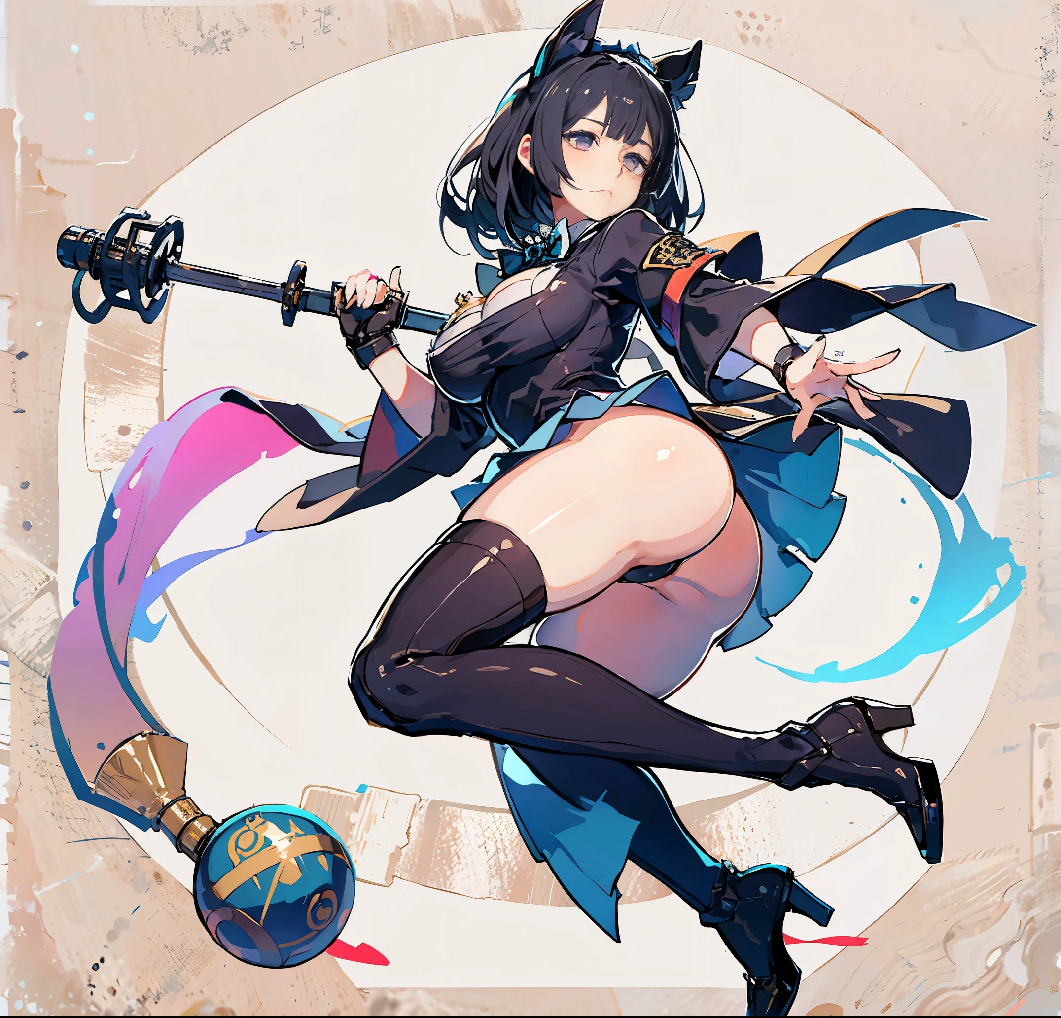 ​masterpiece、Colossal tits、Curve,Beautiful black hair long girl,Full body、(((BIG ASS)))、holding an cane、whore.anime girl with a sword and a dress on, Ayaka Genshin Impact, biomechanical oppai, (SFW) safe for work, shalltear from overlord, Chic, breasts covered and SFW, black - haired mage, oppai, albedo from overlord, anime maid nazi ss military, hestia