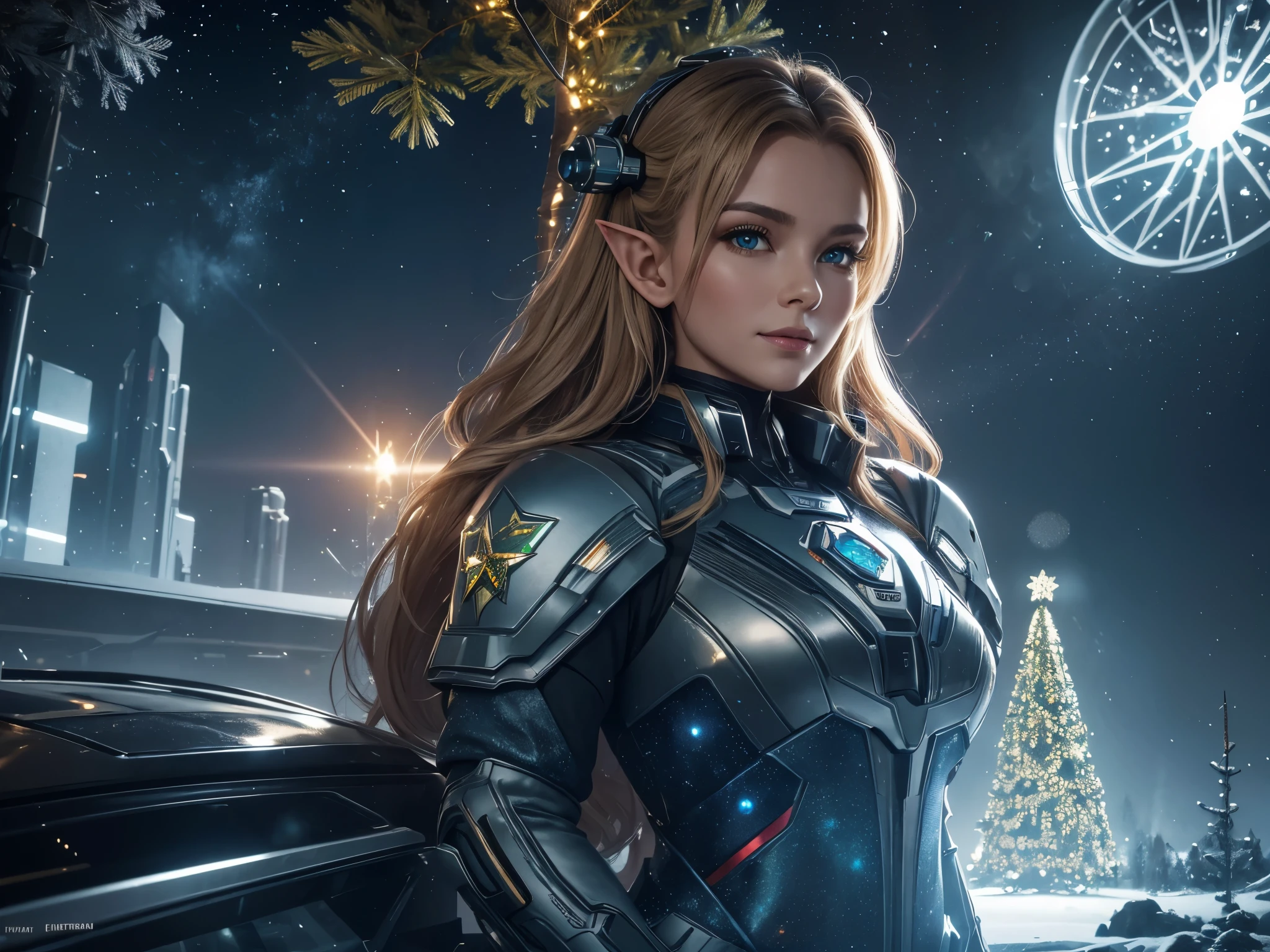 Portrait, Highly detailed, High resolution scan, Unreal engine, Professional, 64 thousand., UHD, HDR, (((New Year, Elegant Christmas tree))), elf in a beautiful sci-fi spacesuit, chevron on the sleeve five-pointed red star of the USSR, Beautiful neckline, slight smile, looking at you, dreamy look, Falling snowflakes, futuristic background and sci-fi spaceship USSR