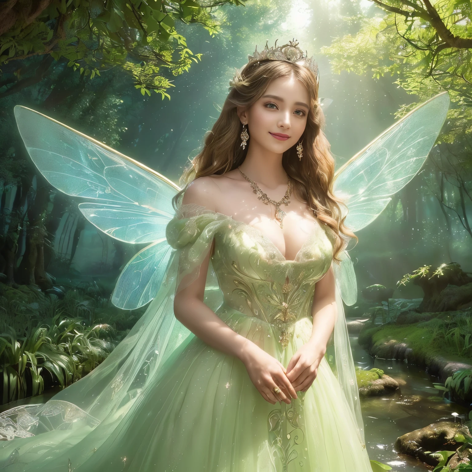 ((masutepiece、top-quality、8K、Highly Detailed and Complex Detail、The most complex and detailed textures、Super High Detail、bright and gentle lighting、the mildest texture、Smoothest texture))、(beautiful waterfall in the background:1.3)、(Very delicate and intricately shining wings:1.2)、(Fairy wings with very intricate patterns:1.2)、(The most luxurious and divine light green wedding dress that looks like a fairy tale:1.2)、((The most beautiful fairy tale forest prince Fairy tale princess、a high chroma、Fantastic shining fairy wings、Gives off a fairy-tale glow、The finest dress with elaborate decoration.、Shining transparent fairy tale wingantastic, fairy tale light、The background is set in a complex and sacred forest、Mysterious tree、優しいfairy tale light、The brilliance of a fairy tale、Fairytale atmosphere、Fantastical、The most intricate and sacred dresses、the most beautiful spirit in the world、The Spirit of God'glorias、Accurate reproduction of the perfect spirit down to the last detail、The most complex and detailed forests、The most sacred and luxurious princess dress、 calm and full of light、Extravagant tiaras and necklaces、A forest full of sacred light、Fantastical、Overgrown trees々、A forest surrounded by sacred light、She has a very calm and bright beautiful face..,Half Japan and half Russian、Beautiful smile、Beautiful wavy hair、The most luxurious and intricate dresses、Smile while staring at the camera、Slimed、large full breasts))