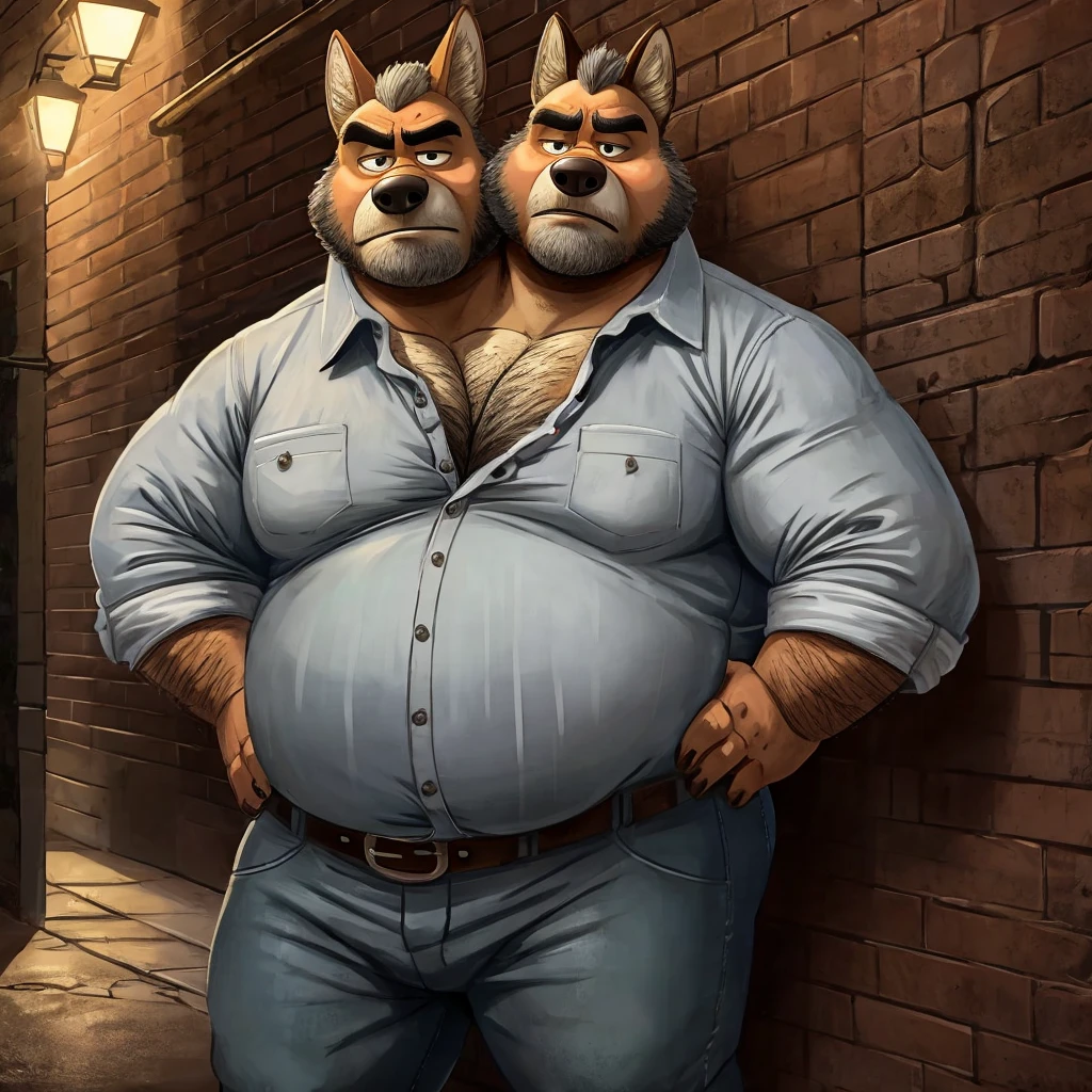 two heads one body, coyote, grumpy, frowning, tired, annoyed, obese, fat, older male, old, dark alley background, streetlight, graffiti, anatomically correct eyes, button down shirt, jeans, belt, sweaty, hairy, gross, hands on hips, disgusting art style, masculine art style, Dreamworks style, Pixar art style, Disney art style, rugged art style, dirty art style, gray hair, eyes looking down, cheek to cheek, identical