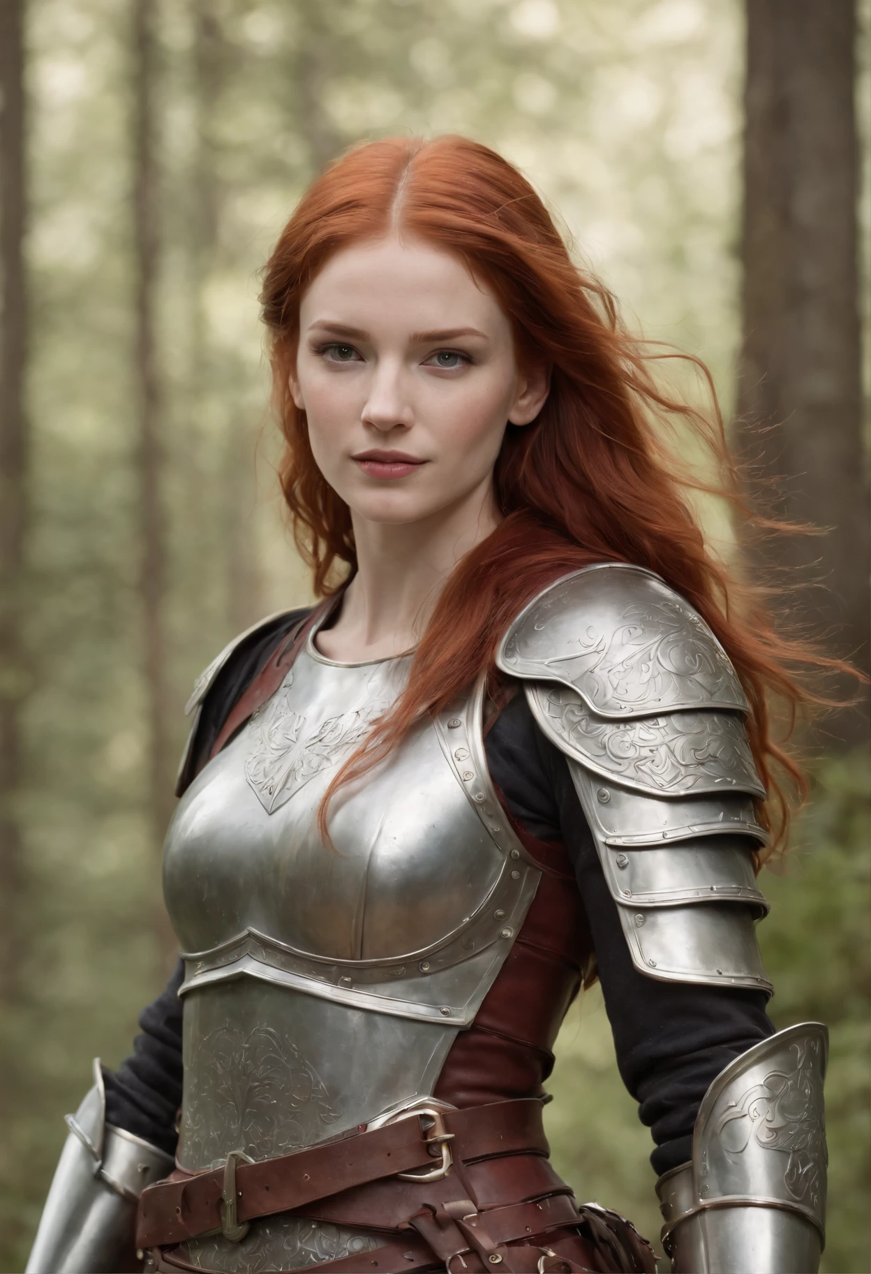 Detailed illustration of a very tall and athletic red-haired girl wearing armor with midriff, toned arms, abs, smug smile