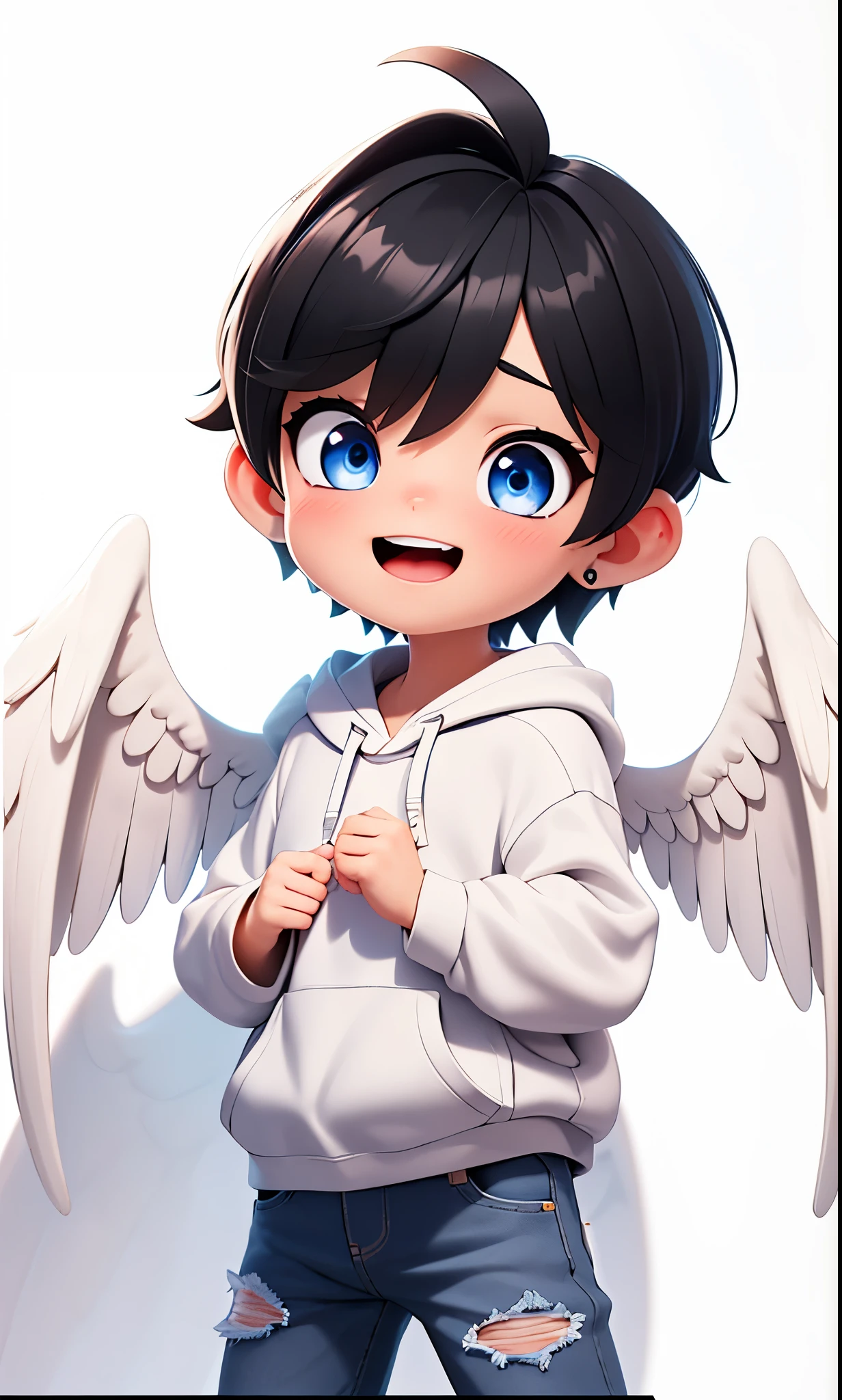 top-quality, 8K, ultra-detailliert, Pixar, (1 male:1.5), Angelic appearance, (Short-haired black hair:1.5), Eyes are blue, Yancha Face, (With keen eyes:1.5), (Bad eyes:1.5), Laughing with open mouth, Bad character, (White hoodie:1.5), (jeans:1.3), (Angel wings grow:1.3), 独奏, Bangs, (male people:1.3), Upper body, free pose, (white backgrounid:1.3)