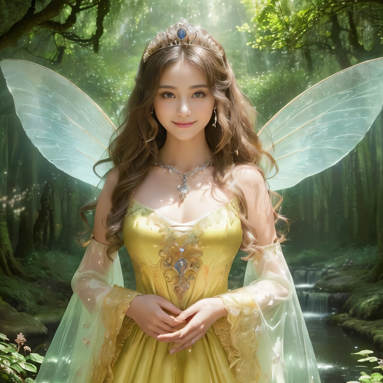 ((masutepiece、top-quality、8K、Highly Detailed and Complex Detail、The most complex and detailed textures、Super High Detail、bright and gentle lighting、the mildest texture、Smoothest texture))、(beautiful waterfall in the background:1.3)、(Very delicate and intricately shining wings:1.2)、(Fairy wings with very intricate patterns:1.2)、(The most luxurious and divine fairy-tale yellow phosphorus wedding dress:1.2)、((The most beautiful fairy tale forest prince Fairy tale princess、a high chroma、Fantastic shining fairy wings、Gives off a fairy-tale glow、The finest dress with elaborate decoration.、Shining transparent fairy tale wingantastic, fairy tale light、The background is set in a complex and sacred forest、Mysterious tree、優しいfairy tale light、The brilliance of a fairy tale、Fairytale atmosphere、Fantastical、The most intricate and sacred dresses、the most beautiful spirit in the world、The Spirit of God'glorias、Accurate reproduction of the perfect spirit down to the last detail、The most complex and detailed forests、The most sacred and luxurious princess dress、 calm and full of light、Extravagant tiaras and necklaces、A forest full of sacred light、Fantastical、Overgrown trees々、A forest surrounded by sacred light、She has a very calm and bright beautiful face..,Half Japan and half Russian、Beautiful smile、Beautiful wavy hair、The most luxurious and intricate dresses、Smile while staring at the camera、Slimed、large full breasts))