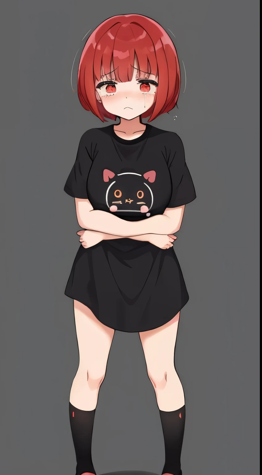 The sad crying anime girl has a downcast gaze, quivering lips that curve into a frown, and her eyelashes cast shadows on her cheeks. Her eyes are brimming with unshed tears that glisten in the light, reflecting her ache. She holds her breath, causing her chest to heave as she struggles to keep back her sobs.
BREAK
Her posture is hunched over, with slumped shoulders and folded arms or clasped hands. Her head is tilted slightly downwards, further accentuating the expression on her face. The overall effect is one of vulnerability, despair, and immense sadness.
BREAK
cute, kawaii, moe, anime, virtual youtuber, flat colors, full body, red haired, short hair, red eyes, (wearing black t-shirt:1.3)
