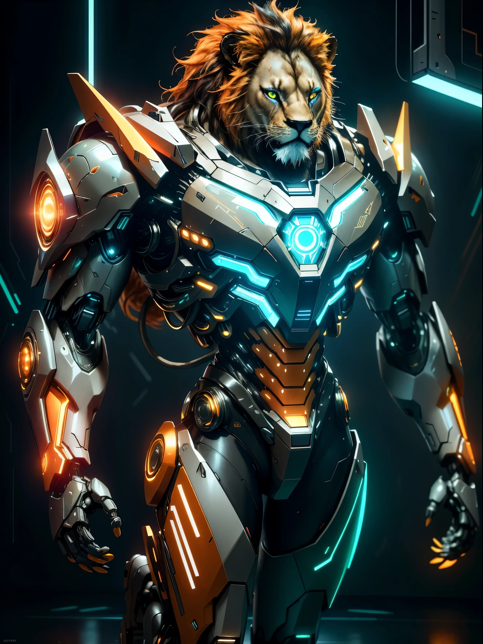realistic,shiny,reflective,bioluminic, galactic cybernetic mask,mecha,( lion cyborg:1.2)sh4g0d,GlowingRunes_orange, slim body, fullbody, cinemnatic, colourful neon lights in the background, back light, high contrast, colourful