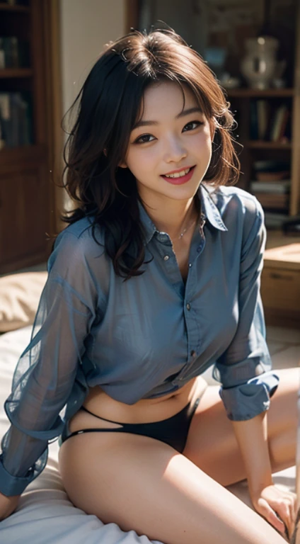 Top image quality、超A high resolution、masterwork、Photoquality(photographrealistic:1.8)、27yo、hair hole hair hole、accuracy、OL、See-through blouse、Underwear shows through、The button is detached、I'm sitting on my left side,sensual pose、toothy grin、Dark blue,Dark blueDark blueタイト超ミニスカート、Japan Women、One woman、facing the front there、25-years old、laughing、