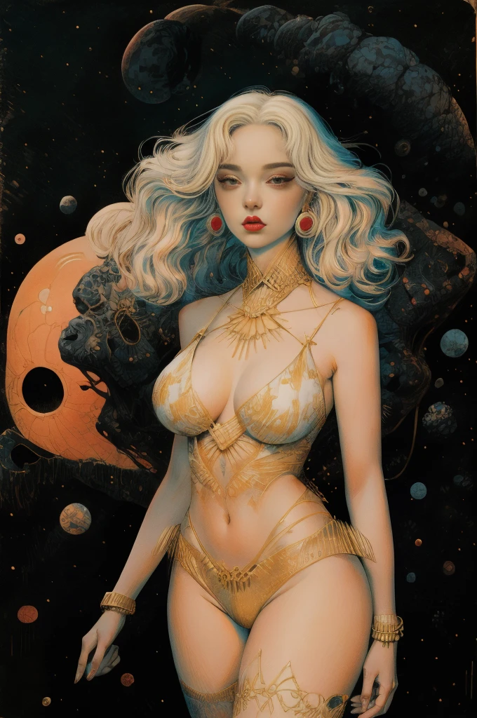 masterpiece, best quality, extreme detail, 8k, image sharpness, Ultra detail hair, beautiful woman, ultra detail face, perfect eyes, perfect face,1girl , pointy ears, white hair, long hair, lipstick, makeup, black eyeshadow, jewellery, bracelet, big breasts, wide hips, thick thighs, sci-fi, cosmic scenery, alien planet, esoteric, occult, black magic, satori, sexy pose, colorful image