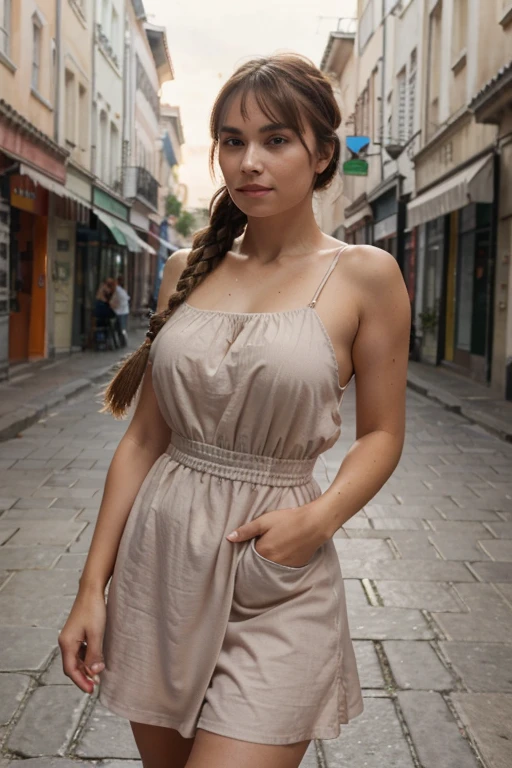 une femme posant au coin de la rue avec une robe orange, Best quality, 1fille, gros sein, jour, brillant, blur background, Bokeh, outdoor, (rue:0.8), (gens, Foules:0.8), (a gym dress ), magnifique, (braided bangs:1.2), beautiful detailed sky, (pose dynamique:1.2), softlighting, vent, peau brillante, (Haut du corps:0.8), (Rousseur:0.8), taupe sous la bouche,