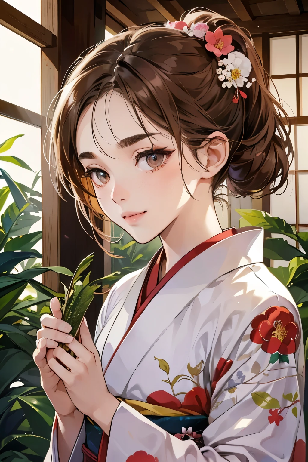 (masutepiece, Digital Art, Digital Illustration, 4K, 8K, Ultra-detailed, beautiful image, Sharp Image, Photorealistic, Raw photo, Perfect face, Perfect lines, Perfect eyes, Soft lighting) 1 woman, (lightbrown hair,Chignon hair in a high position,Innocent look,Lowered eyebrows,drooping eyebrows,drooing eyes,cute large eyes,natural make up,kindly smile,Round jaws,23 y-o woman:1.3),スーツ姿のハンサムなember性2人, (ember,ember性はスーツ姿,well-muscled,Firm shoulder width, emberの,Boyish hairstyle,English gentlemanly style,クールな表情の30代ember性,明るい笑顔の28歳ember性:1.2),(Nervous,be shy,sleepy,embarrassed from:1.2),innocent smiles,(embarrassed from,Shy smile:1.1),Deep in the forest、hideout、Hot Spring Ryokan、Japan Traditional Evening Kimono,Kimono with red peony pattern isolated on white background、Floral hair ornament,raise arms,Walk,appearance、bamboo forest garden、the kiss、a couple、a couplethe kiss、Romance、the kiss、Take off your kimono and soak in the hot spring