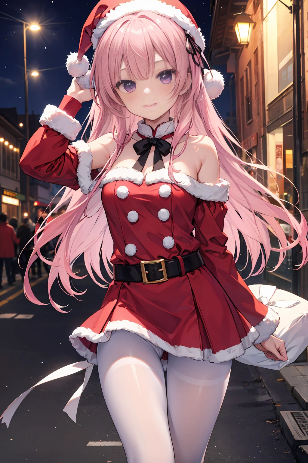 ​​clouds, Chinese Ancient Architecture, one-girl，soio，170cm height，45CM bust，A pink-haired，Purple eye，the night，gentleness，ssmile， ((Extremely detailed, Wearing miniskirt Santa Claus costume, Santa Claus costume with warm fur))，Outdoors，On the street，((White pantyhose))，black glove，With bare arms，mitsukasa ayase
