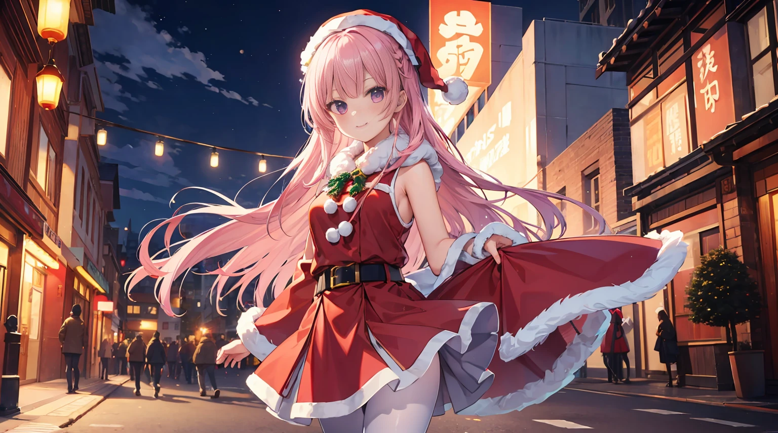 ​​clouds, Chinese Ancient Architecture, one-girl，soio，170cm height，45CM bust，A pink-haired，Purple eye，the night，gentleness，ssmile， ((Extremely detailed, Wearing miniskirt Santa Claus costume, Santa Claus costume with warm fur))，Outdoors，On the street，((White pantyhose))，black glove，With bare arms，mitsukasa ayase