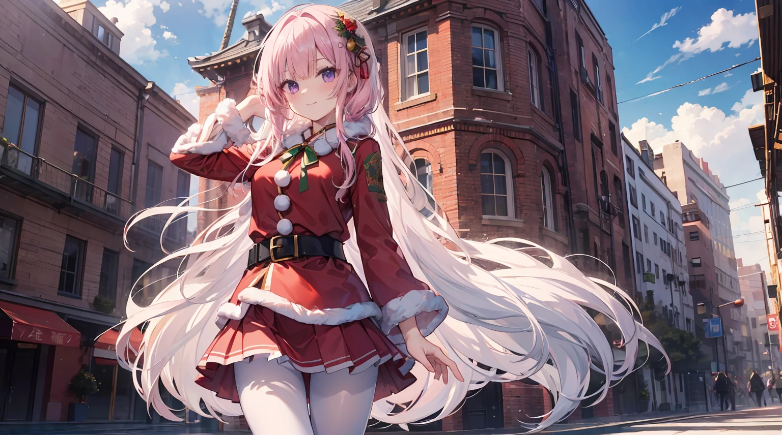 clouds, Chinese Ancient Architecture, one-girl,soio,170cm height,45CM bust,A pink-haired,Purple eye,the night,gentleness,ssmile, ((Extremely detailed, Wearing miniskirt Santa Claus costume, Santa Claus costume with warm fur)),Outdoors,On the street,((White pantyhose)),black glove,With bare arms,mitsukasa ayase
