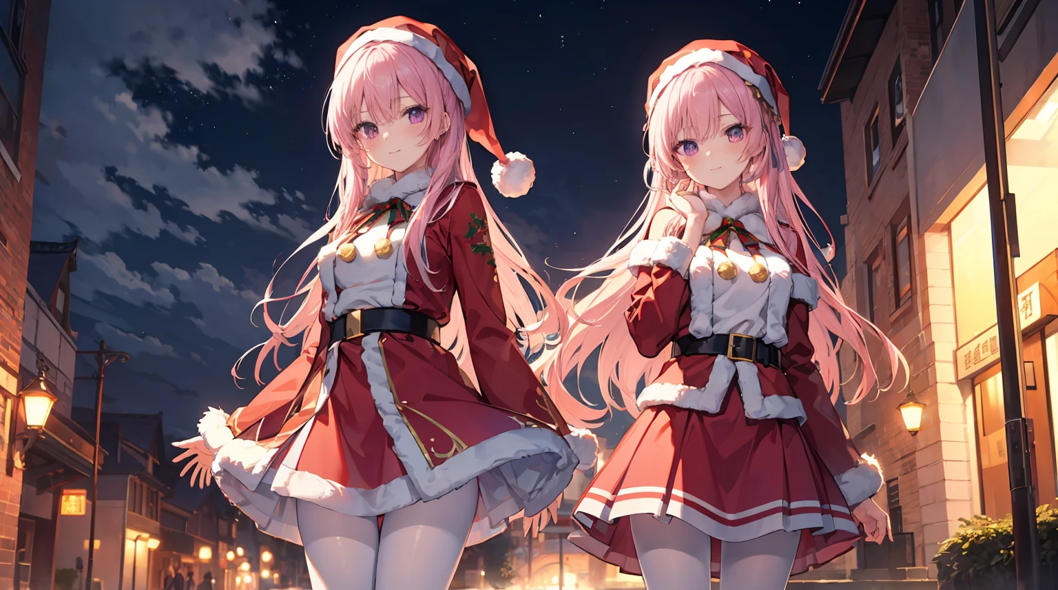 clouds, Chinese Ancient Architecture, one-girl,soio,170cm height,45CM bust,A pink-haired,Purple eye,the night,gentleness,ssmile, ((Extremely detailed, Wearing miniskirt Santa Claus costume, Santa Claus costume with warm fur)),Outdoors,On the street,((White pantyhose)),black glove,With bare arms,mitsukasa ayase