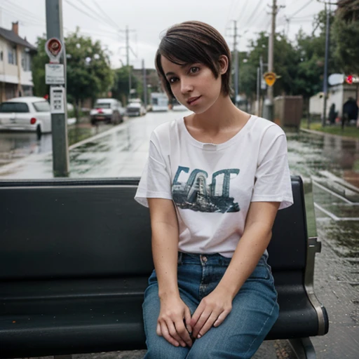 Just a regular american girl, no make up, regular casual clothes, unattractive, short hair, sitting at a bus stop on a rainy day