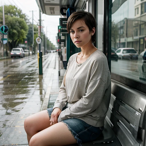 Just a regular american girl, no make up, regular casual clothes, unattractive, short hair, sitting at a bus stop on a rainy day
