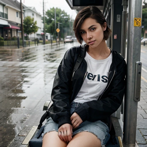 Just a regular american girl, no make up, regular casual clothes, unattractive, short hair, sitting at a bus stop on a rainy day