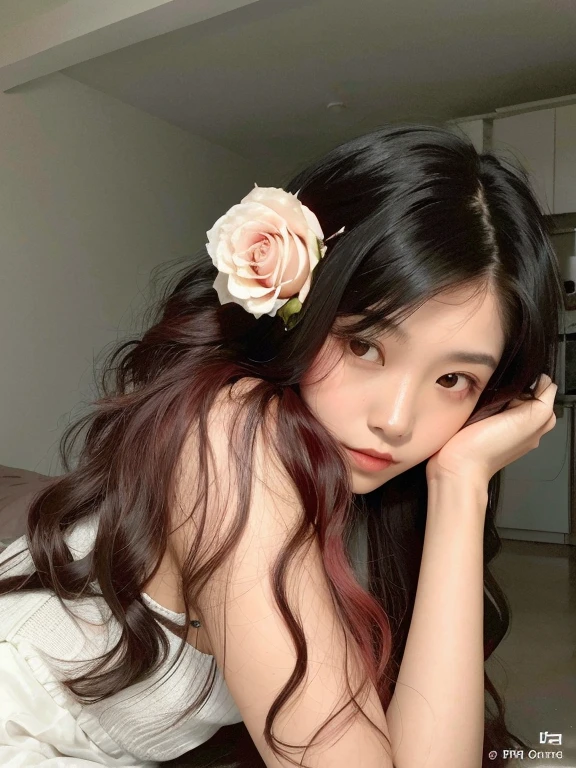 there is a woman with long hair and a red rose in her hair, red rose in hair, ulzzang, korean girl, gorgeous young korean woman, beautiful asian girl, rose in hair, 19-year-old girl, young cute wan asian face, xintong chen, beautiful young korean woman, beautiful south korean woman, asian girl with long hair