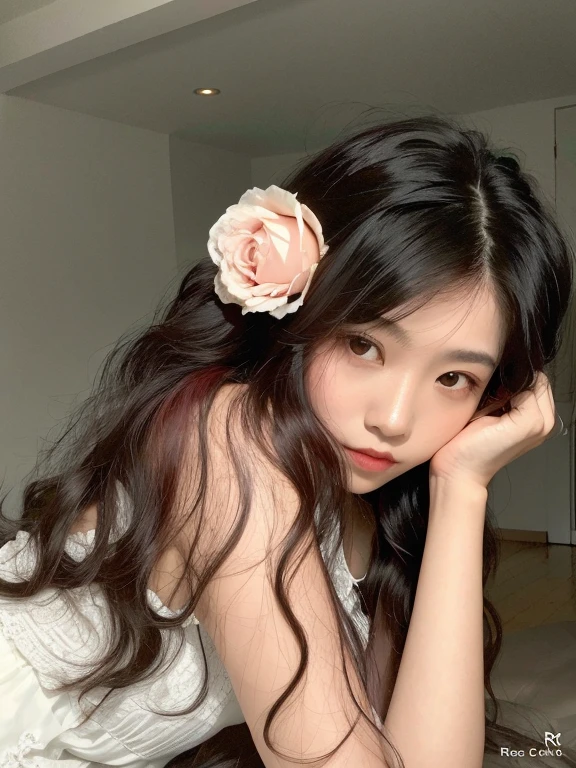 there is a woman with long hair and a flor en su cabello, ulzzang, rosa en el cabello, con flores, Asian girl with long hair, flor en el cabello, flores en su cabello oscuro, flor en su cabello, red rosa en el cabello, Sha Xi, con cabello largo y rizado, album art, Foto de perfil de la foto de cabeza, rosas en su cabello, Hermosa Delphine
