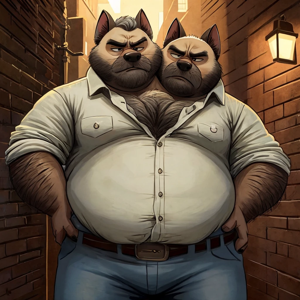 two heads one body, siamese cat, grumpy, frowning, tired, annoyed, obese, fat, older male, old, dark alley background, streetlight, graffiti, anatomically correct eyes, button down shirt, jeans, belt, sweaty, hairy, gross, hands on hips, disgusting art style, masculine art style, Dreamworks style, Pixar art style, Disney art style, rugged art style, dirty art style, gray hair, eyes looking down, cheek to cheek, identical