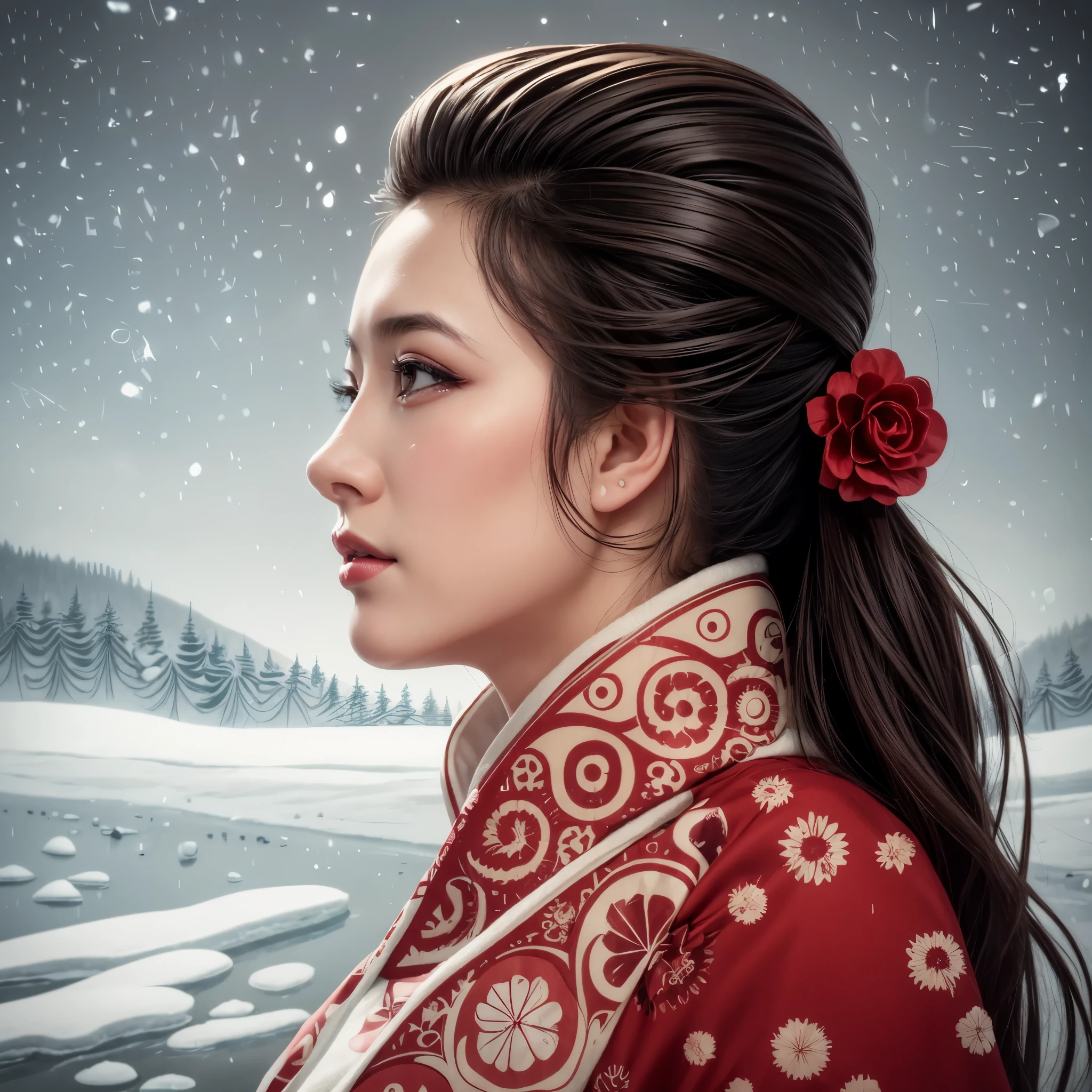 A beautiful young Japanese woman, with long black hair, with a red flower behind her head, with beautiful lips, beautiful eyes, silky skin, wearing a beautiful stylized kimono, posing in the snow, and in the background there is the snow-covered ground, covered pine trees of snow, and hills full of ice, beautiful winter geisha posing under the snow, hyperrealistic geisha winter beauty, a photorealistic geisha, posing beautifully in the cold.