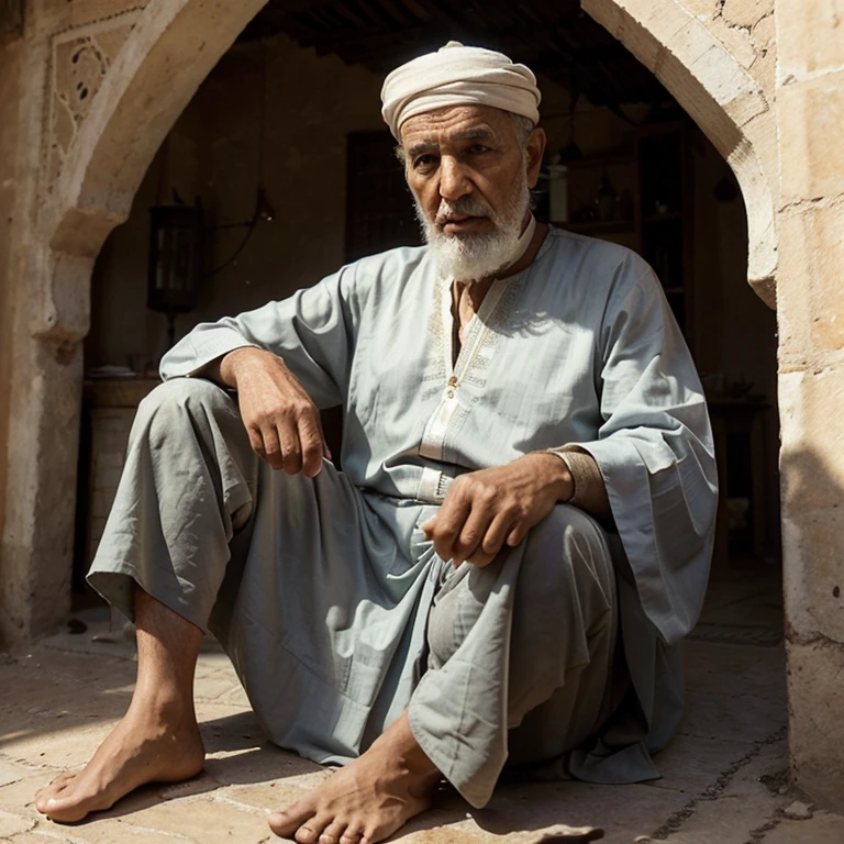 The personality of the intelligent storyteller:
The character of the intelligent storyteller could be a man, an old man, a Moroccan Arab, the important thing is that he be an attractive and interesting character. The storyteller may be wearing traditional Moroccan clothing, such as a jilbab or caftan.